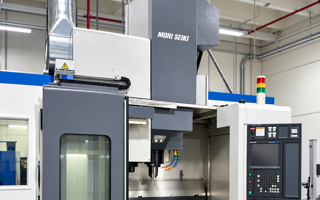 Close-up of a Mori Seiki vertical machining center with its door open