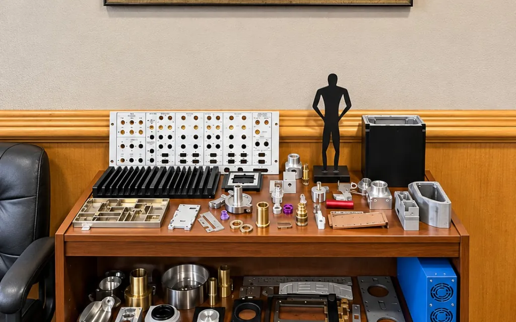 Display shelf of machined, formed, punched, and fabricated sample parts