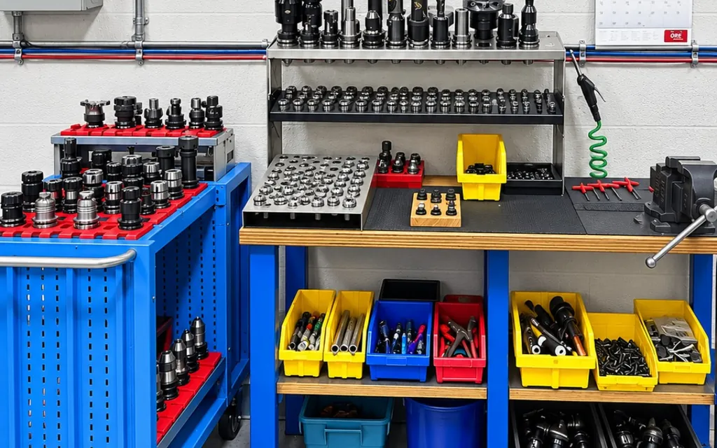 Organized tool holders, collets, and inserts at a machine-side tooling station